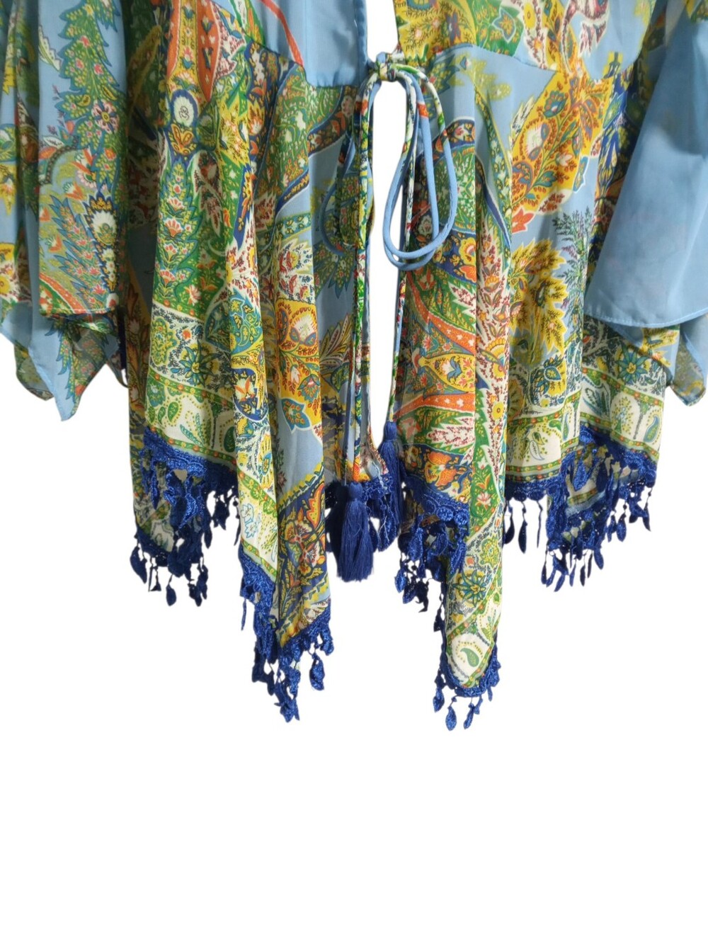 Umgee Floral Paisley Handkerchief Sleeve Tassel Hem Kimono Layer Piece Sz 1XL - Picture 7 of 9
